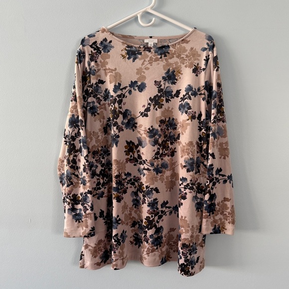 J.Jill Pure Jill Floral Velour Tunic Long-Sleeve Powder Pink Pockets XL Plush - Picture 1 of 8
